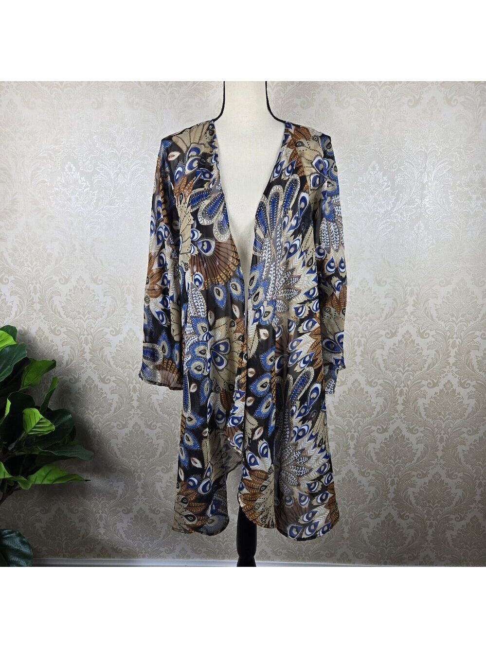 Unbranded Size 2XL Sheer Open Front Kimono Colorful Feather Pattern Flare Sleeve